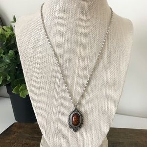 Boho Minimalist Silver & Faux Brown Stone Necklace